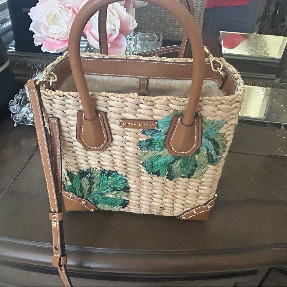Michael Kors Tan and Green Woven Tote Bag